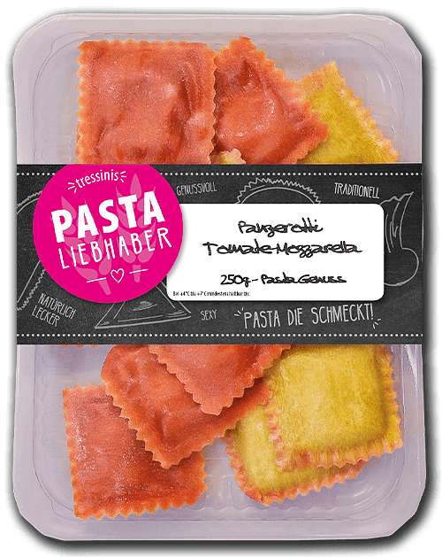 Pastaliebhaber aus Ulm - Knackige, sonnengereifte Tomaten und frischer Mozzarella verpackt in unserer handwerklich hergestellten Pasta.